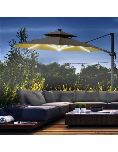 Outsunny 3m Cantilever Parasol w/ Solar Lights Power Bank Base 360° Spin Khaki