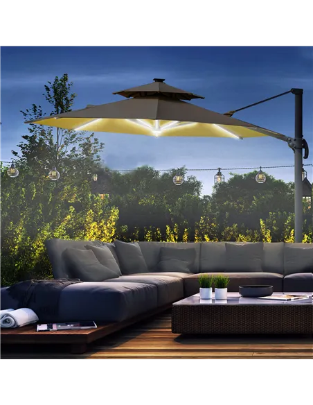 Outsunny 3m Cantilever Parasol w/ Solar Lights Power Bank Base 360° Spin Khaki