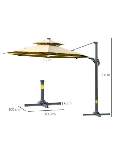 Outsunny 3m Cantilever Parasol w/ Solar Lights Power Bank Base 360° Spin Khaki