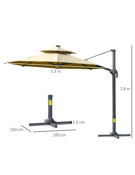 Outsunny 3m Cantilever Parasol w/ Solar Lights Power Bank Base 360° Spin Khaki