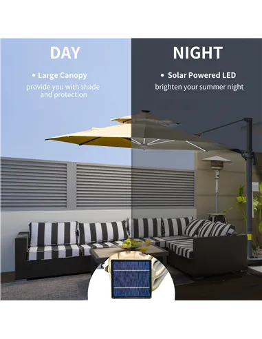 Outsunny 3m Cantilever Parasol w/ Solar Lights Power Bank Base 360° Spin Khaki