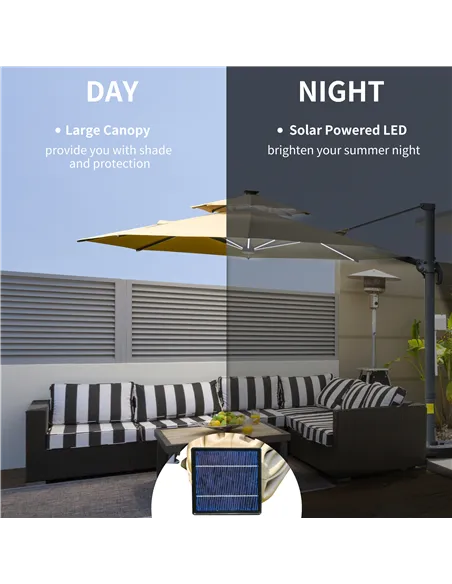 Outsunny 3m Cantilever Parasol w/ Solar Lights Power Bank Base 360° Spin Khaki