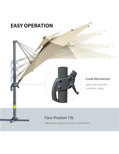 Outsunny 3m Cantilever Parasol w/ Solar Lights Power Bank Base 360° Spin Khaki