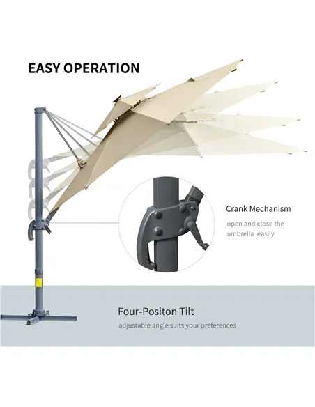 Outsunny 3m Cantilever Parasol w/ Solar Lights Power Bank Base 360° Spin Khaki