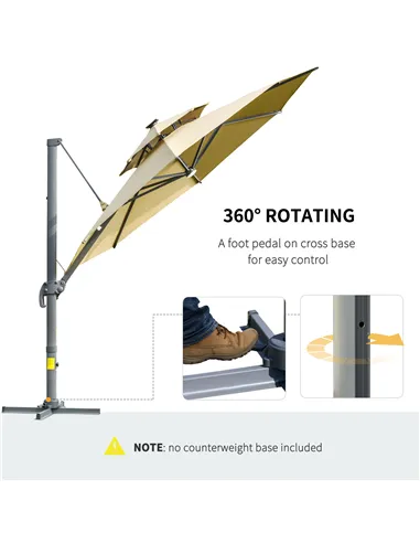 Outsunny 3m Cantilever Parasol w/ Solar Lights Power Bank Base 360° Spin Khaki