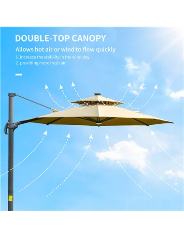 Outsunny 3m Cantilever Parasol w/ Solar Lights Power Bank Base 360° Spin Khaki