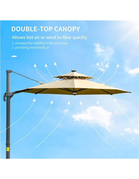 Outsunny 3m Cantilever Parasol w/ Solar Lights Power Bank Base 360° Spin Khaki