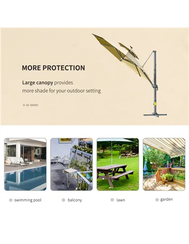 Outsunny 3m Cantilever Parasol w/ Solar Lights Power Bank Base 360° Spin Khaki