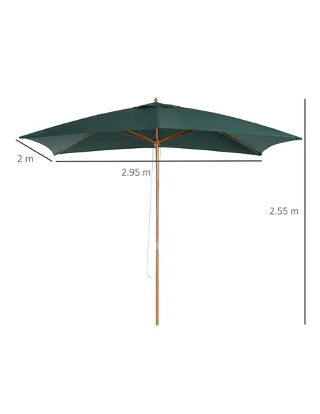 Outsunny 2 x 3m Wooden Garden Parasol Umbrella Outdoor Sun Shade Canopy, Green