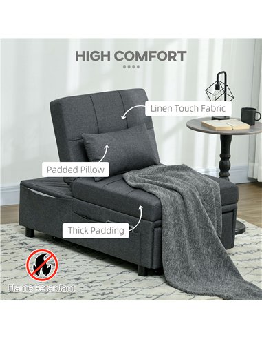 HOMCOM Convertible Chair Bed with Padding Seat, 4-in-1 Multi-Functional Sleeper Sofa Bed, Recliner with Adjustable Backrest, Sid