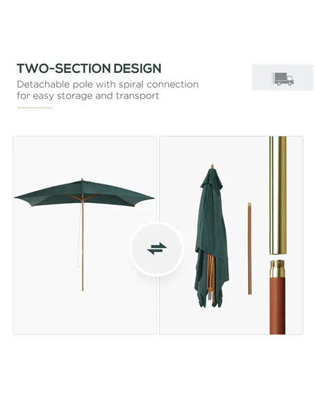 Outsunny 2 x 3m Wooden Garden Parasol Umbrella Outdoor Sun Shade Canopy, Green