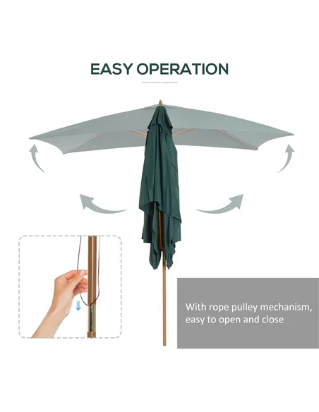 Outsunny 2 x 3m Wooden Garden Parasol Umbrella Outdoor Sun Shade Canopy, Green