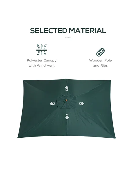 Outsunny 2 x 3m Wooden Garden Parasol Umbrella Outdoor Sun Shade Canopy, Green