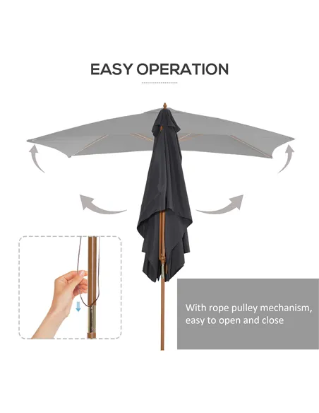 Outsunny 2 x 3m Wooden Garden Parasol Umbrella Outdoor Sun Shade Canopy, Dark Grey