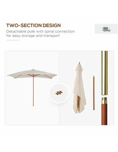 Outsunny 2 x 3m Wooden Garden Parasol Umbrella Outdoor Sun Shade Canopy, Cream White
