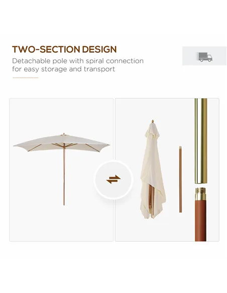 Outsunny 2 x 3m Wooden Garden Parasol Umbrella Outdoor Sun Shade Canopy, Cream White