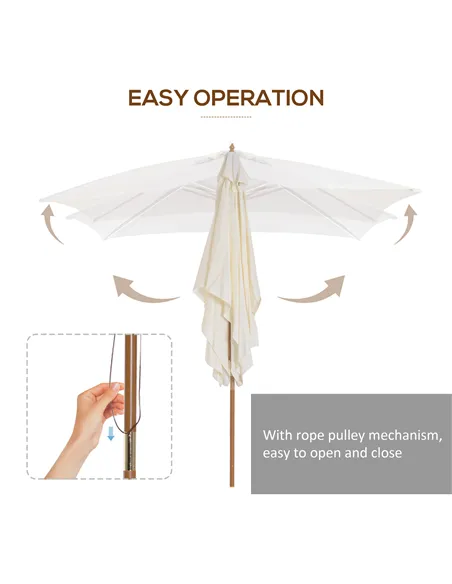 Outsunny 2 x 3m Wooden Garden Parasol Umbrella Outdoor Sun Shade Canopy, Cream White