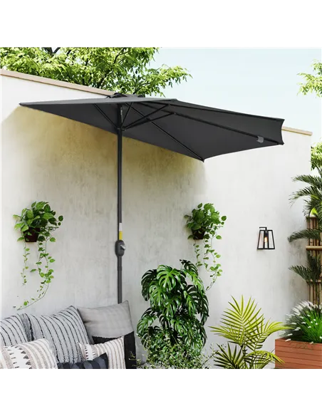 Outsunny 3(m) Half Parasol Semi Round Umbrella Patio Metal Frame Crank Handle for Balcony-- NO BASE INCLUDED, Grey