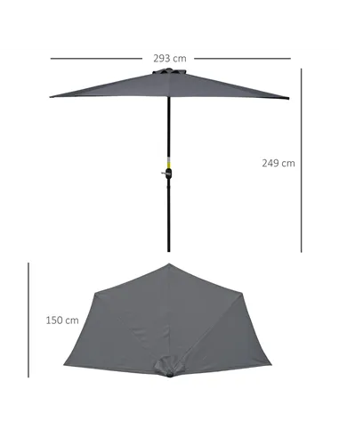 Outsunny 3(m) Half Parasol Semi Round Umbrella Patio Metal Frame Crank Handle for Balcony-- NO BASE INCLUDED, Grey