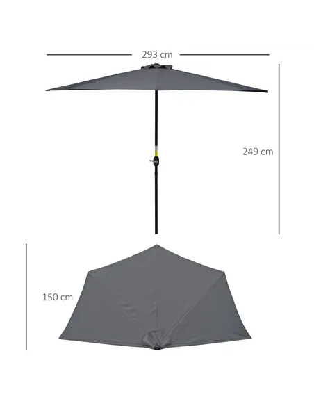 Outsunny 3(m) Half Parasol Semi Round Umbrella Patio Metal Frame Crank Handle for Balcony-- NO BASE INCLUDED, Grey