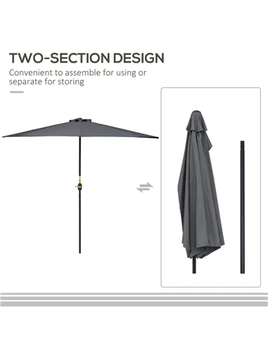 Outsunny 3(m) Half Parasol Semi Round Umbrella Patio Metal Frame Crank Handle for Balcony-- NO BASE INCLUDED, Grey