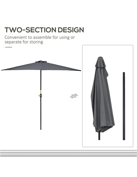 Outsunny 3(m) Half Parasol Semi Round Umbrella Patio Metal Frame Crank Handle for Balcony-- NO BASE INCLUDED, Grey