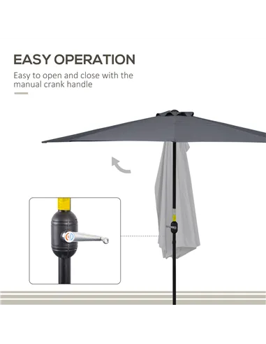 Outsunny 3(m) Half Parasol Semi Round Umbrella Patio Metal Frame Crank Handle for Balcony-- NO BASE INCLUDED, Grey