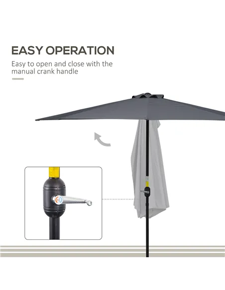 Outsunny 3(m) Half Parasol Semi Round Umbrella Patio Metal Frame Crank Handle for Balcony-- NO BASE INCLUDED, Grey