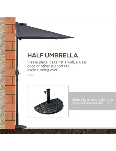 Outsunny 3(m) Half Parasol Semi Round Umbrella Patio Metal Frame Crank Handle for Balcony-- NO BASE INCLUDED, Grey