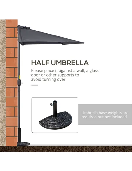Outsunny 3(m) Half Parasol Semi Round Umbrella Patio Metal Frame Crank Handle for Balcony-- NO BASE INCLUDED, Grey