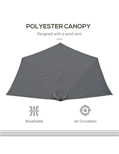 Outsunny 3(m) Half Parasol Semi Round Umbrella Patio Metal Frame Crank Handle for Balcony-- NO BASE INCLUDED, Grey