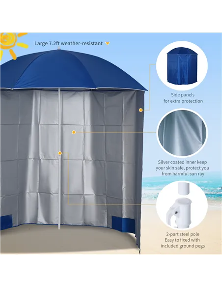 Outsunny 88" Arc 2.2M Fishing Umbrella Beach Parasol with Sides Brolly Shelter Canopy Shade with FREE Carry Bag Blue