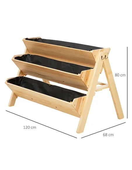 Outsunny 3 Tier Raised Beds for Garden, Wooden Planter Boxes with Clapboard and Hooks, 142L, 120 x 68 x 80cm