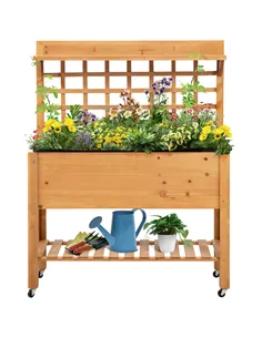 Outsunny Wooden Planter Raised Elevated Garden Bed with 2 Shelves for Vegetables Flowers