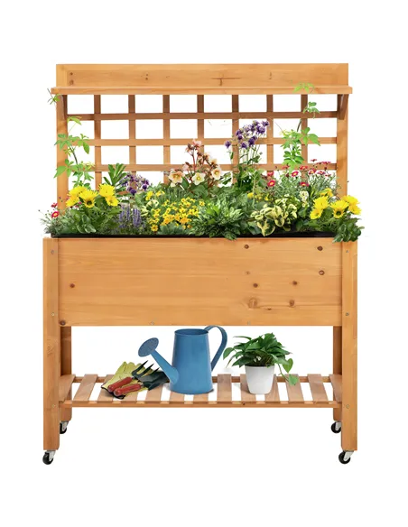 Outsunny Wooden Planter Raised Elevated Garden Bed with 2 Shelves for Vegetables Flowers