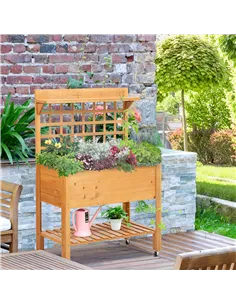 Outsunny Wooden Planter Raised Elevated Garden Bed with 2 Shelves for Vegetables Flowers 2