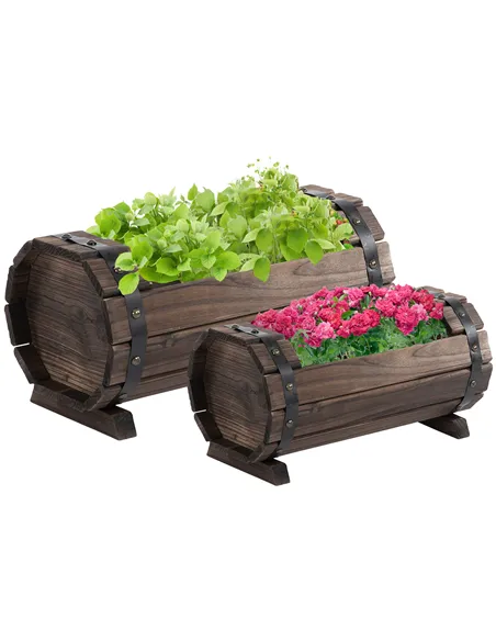 Outsunny 2PCs 56L Wooden Planter Box Flower Plant Pot Outdoor Flower Beds Plant Box with Solid Wood Carbonized Colour