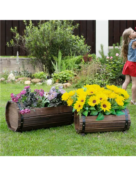Outsunny 2PCs 56L Wooden Planter Box Flower Plant Pot Outdoor Flower Beds Plant Box with Solid Wood Carbonized Colour