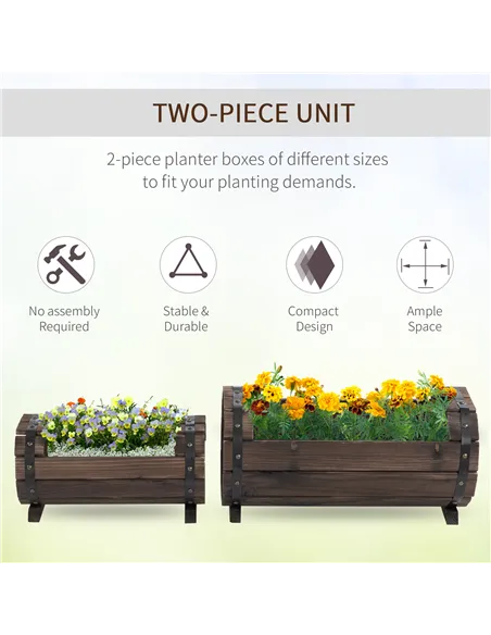 Outsunny 2PCs 56L Wooden Planter Box Flower Plant Pot Outdoor Flower Beds Plant Box with Solid Wood Carbonized Colour