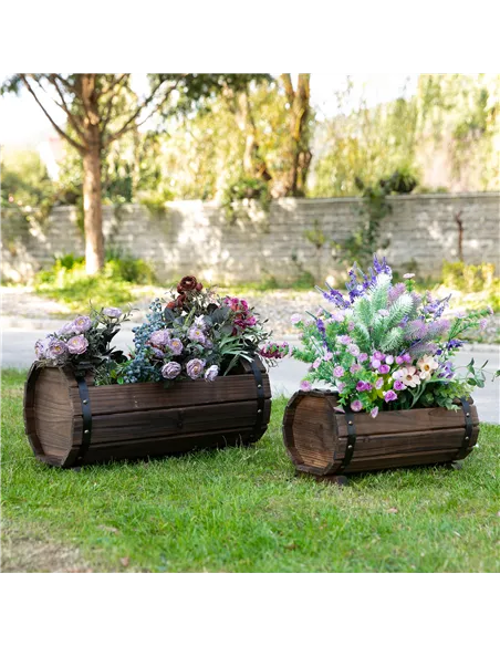 Outsunny 2PCs 56L Wooden Planter Box Flower Plant Pot Outdoor Flower Beds Plant Box with Solid Wood Carbonized Colour