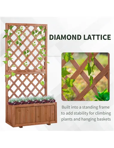 Outsunny 72.5 x 31.5 x 149.5 cm 45L Garden Wooden Pine Trough Planter with Topped Trellis Climbing Plants Flower Raised Bed, Ora