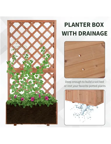 Outsunny 72.5 x 31.5 x 149.5 cm 45L Garden Wooden Pine Trough Planter with Topped Trellis Climbing Plants Flower Raised Bed, Ora