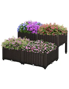 Outsunny Set of 4 26L Garden Raised Bed Elevated Patio Flower Plant Planter Box PP Vegetables Planting Container, Brown