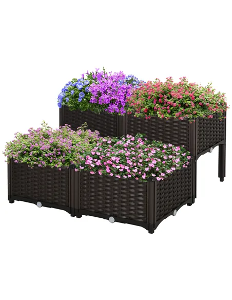 Outsunny Set of 4 26L Garden Raised Bed Elevated Patio Flower Plant Planter Box PP Vegetables Planting Container, Brown