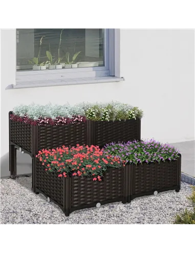 Outsunny Set of 4 26L Garden Raised Bed Elevated Patio Flower Plant Planter Box PP Vegetables Planting Container, Brown