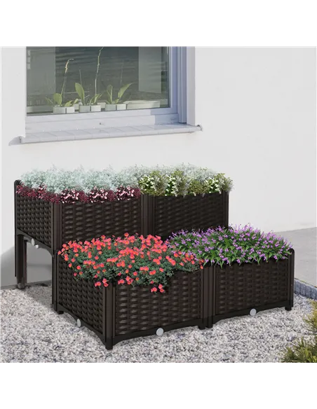 Outsunny Set of 4 26L Garden Raised Bed Elevated Patio Flower Plant Planter Box PP Vegetables Planting Container, Brown