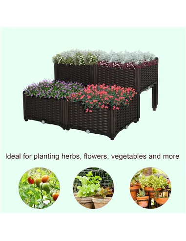 Outsunny Set of 4 26L Garden Raised Bed Elevated Patio Flower Plant Planter Box PP Vegetables Planting Container, Brown