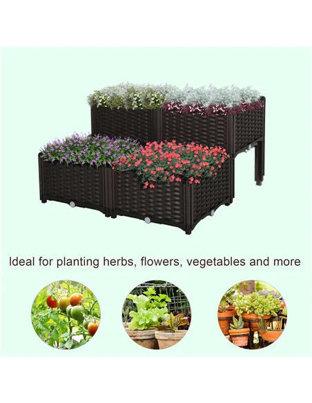 Outsunny Set of 4 26L Garden Raised Bed Elevated Patio Flower Plant Planter Box PP Vegetables Planting Container, Brown