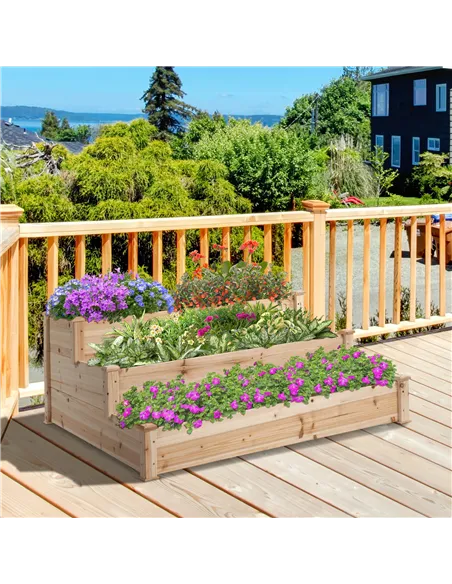 Outsunny 470L Raised Garden Bed, 3-Tier Planter Kit, Elevated Wooden Planters for Garden, Yard & Patio, 124 x 124 x 56 cm