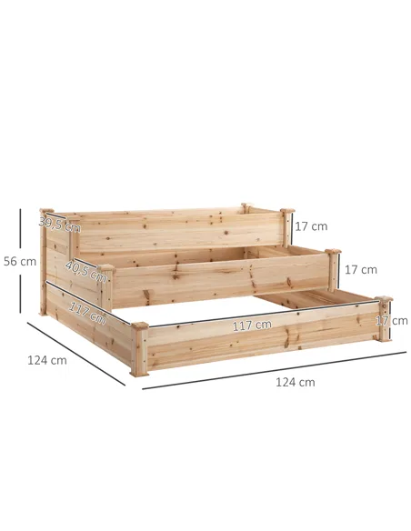 Outsunny 470L Raised Garden Bed, 3-Tier Planter Kit, Elevated Wooden Planters for Garden, Yard & Patio, 124 x 124 x 56 cm